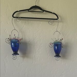 Blue Hanging Glass Vases with Wire Accents